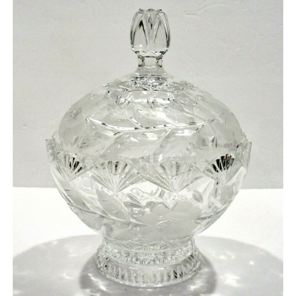 Crystal Glass Candy Dish Box Lid Fan Scalloped Edges Rose Cut 9" Covered Bowl